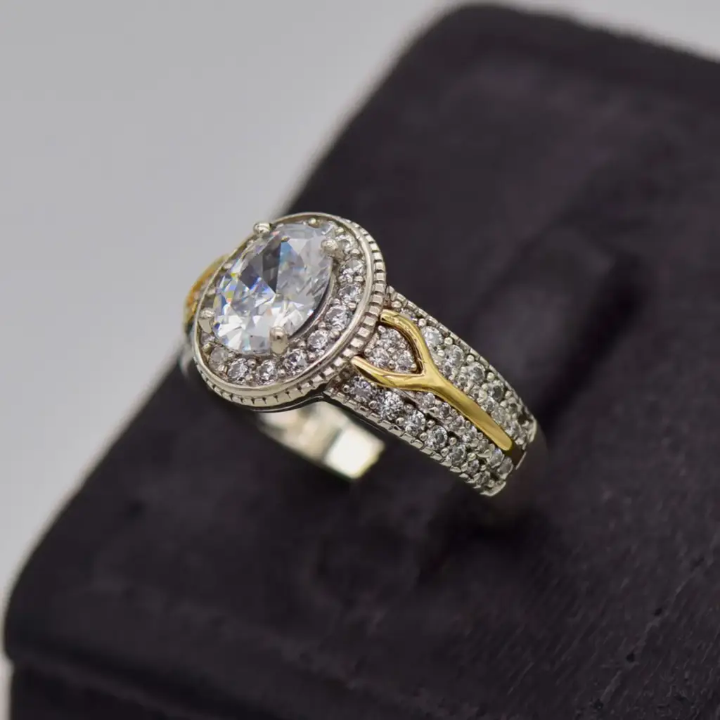 Silver 925 & 5ct Yellow Gold ornate Ring - View 3