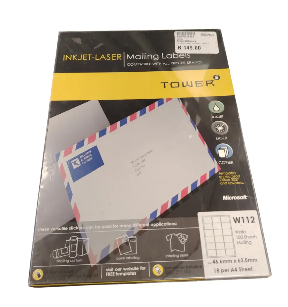 Tower Inkjet-Laser Mailing Labels 46.6 X 63.5 Mm
