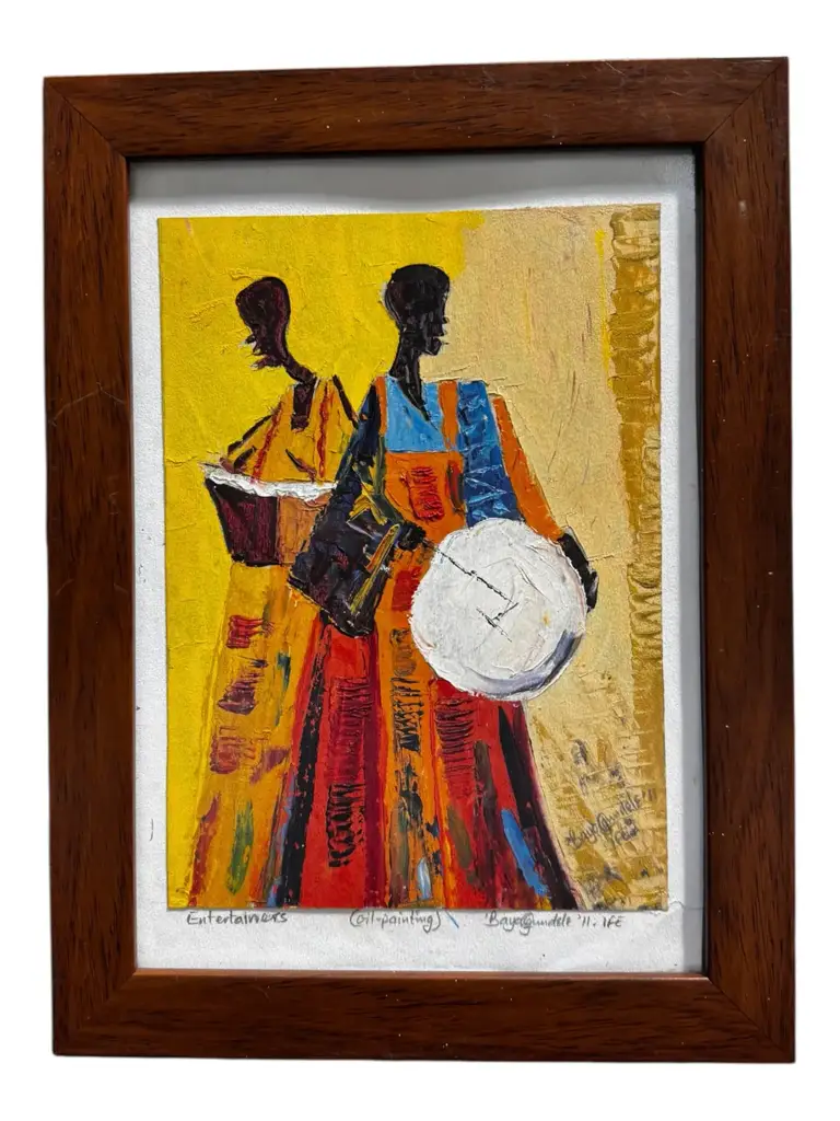 Bayo Ogundele Entertainers Framed Oil Painting 26 Cm X 35 Cm