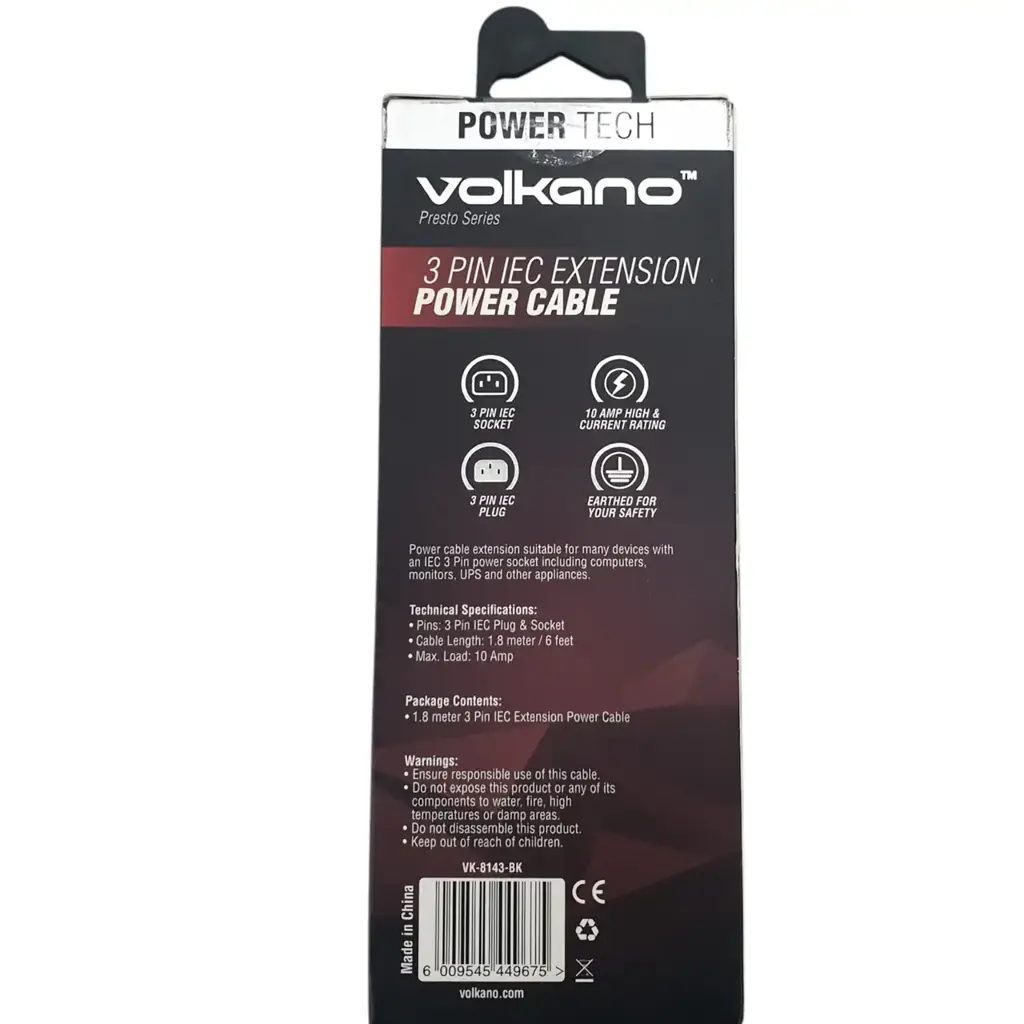 Volkano 3 Pin Iec Extension Power Cable