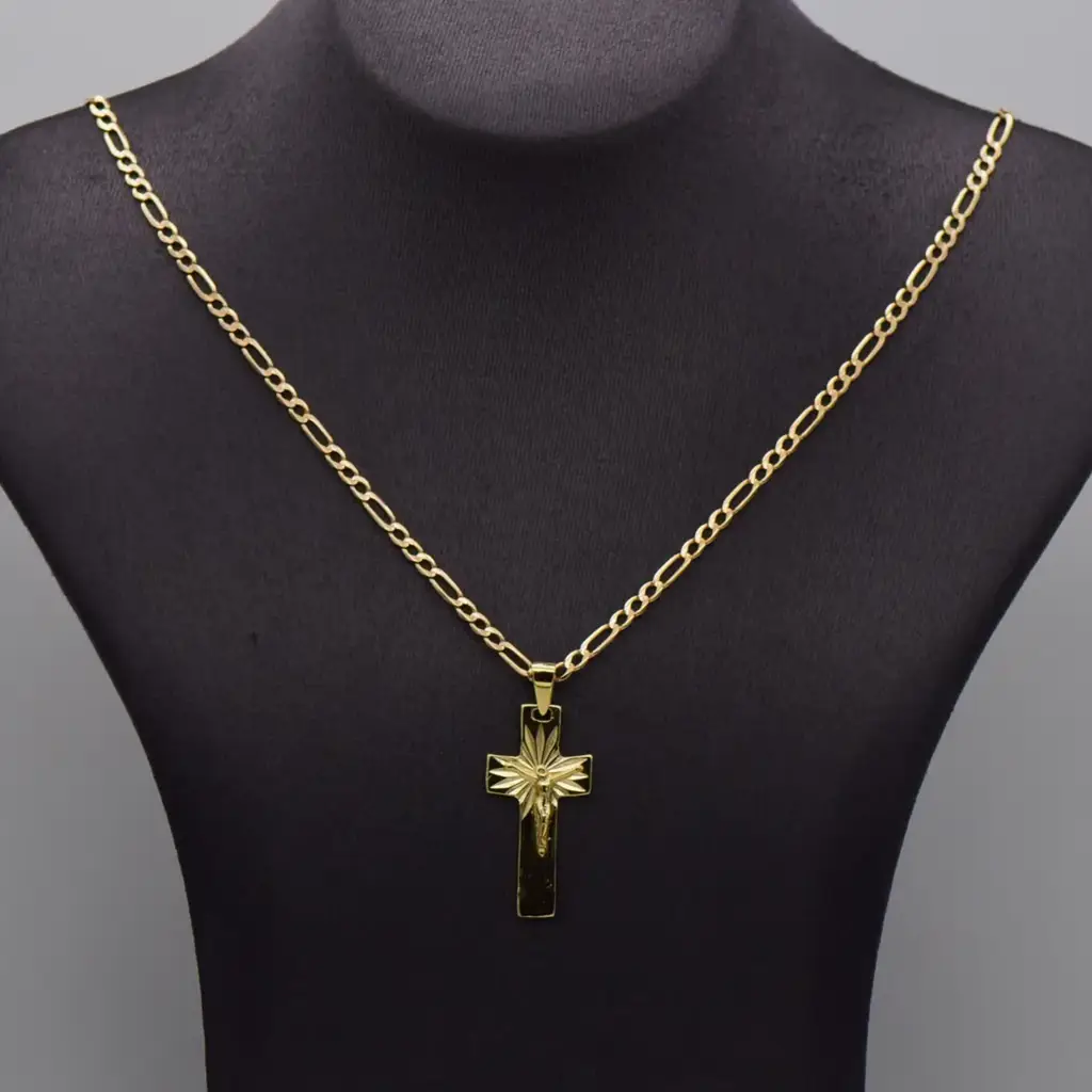 9ct Yellow Gold Chain Figaro-Link & Cross Pendant
