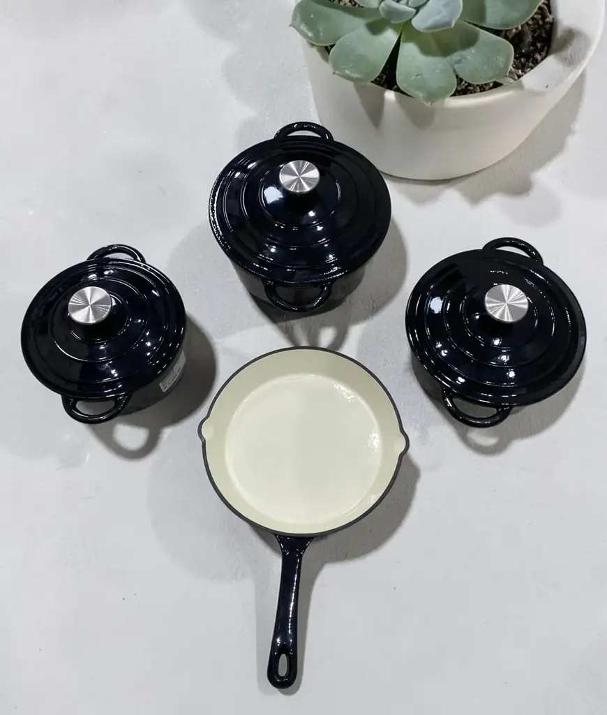 7-Piece Black Enameled Cast Iron Cookware Set.