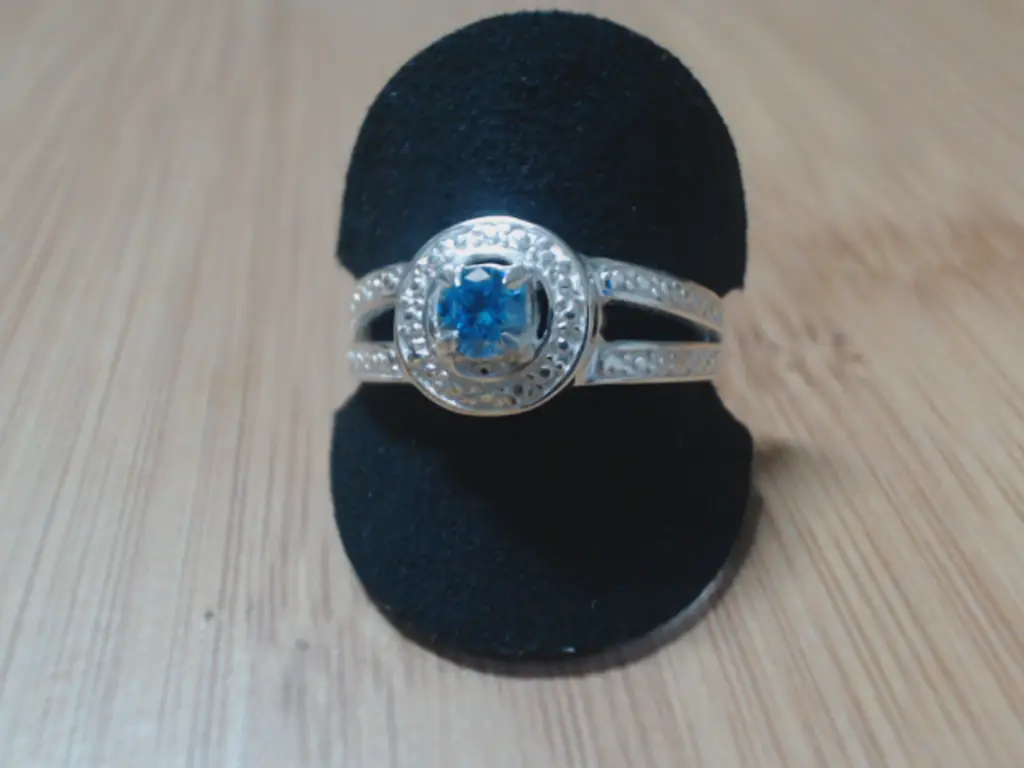Sterling Silver 925 Ladies Halo Ring With Blue Stone (Size R)