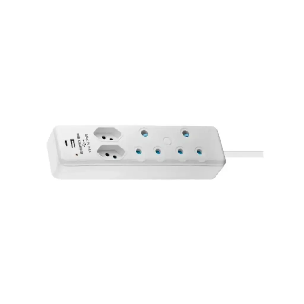 Switched 4 Way Extension Lead With 1X Type C + 1X Usb – 2M - White