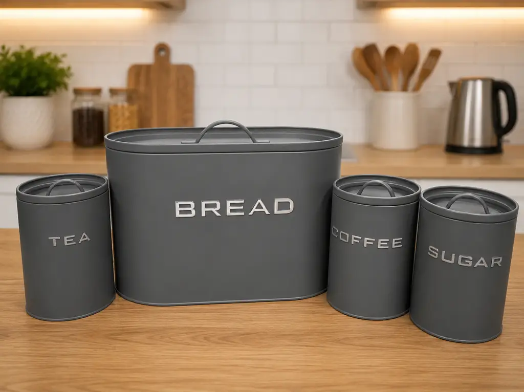 4-Piece Bread Bin & Kitchen Storage Canister Set – Grey