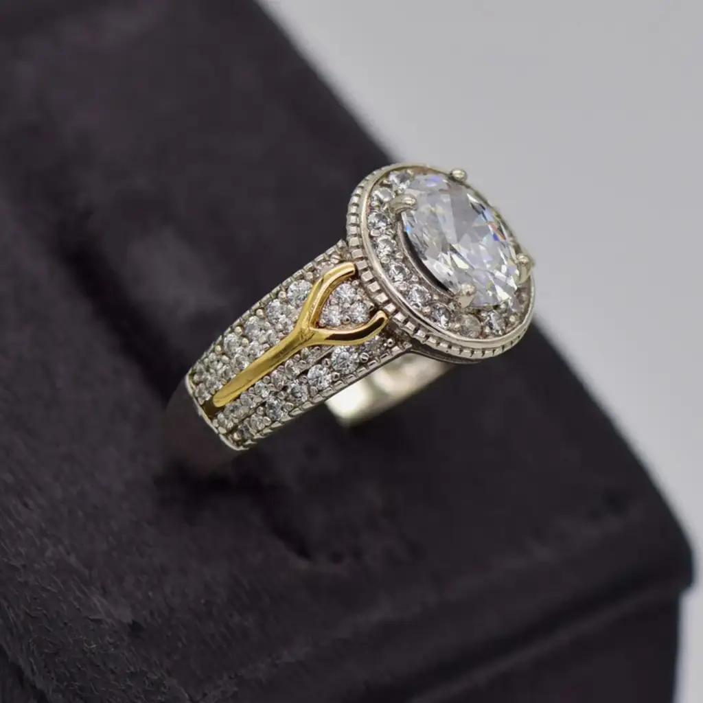 Silver 925 & 5ct Yellow Gold ornate Ring - View 2