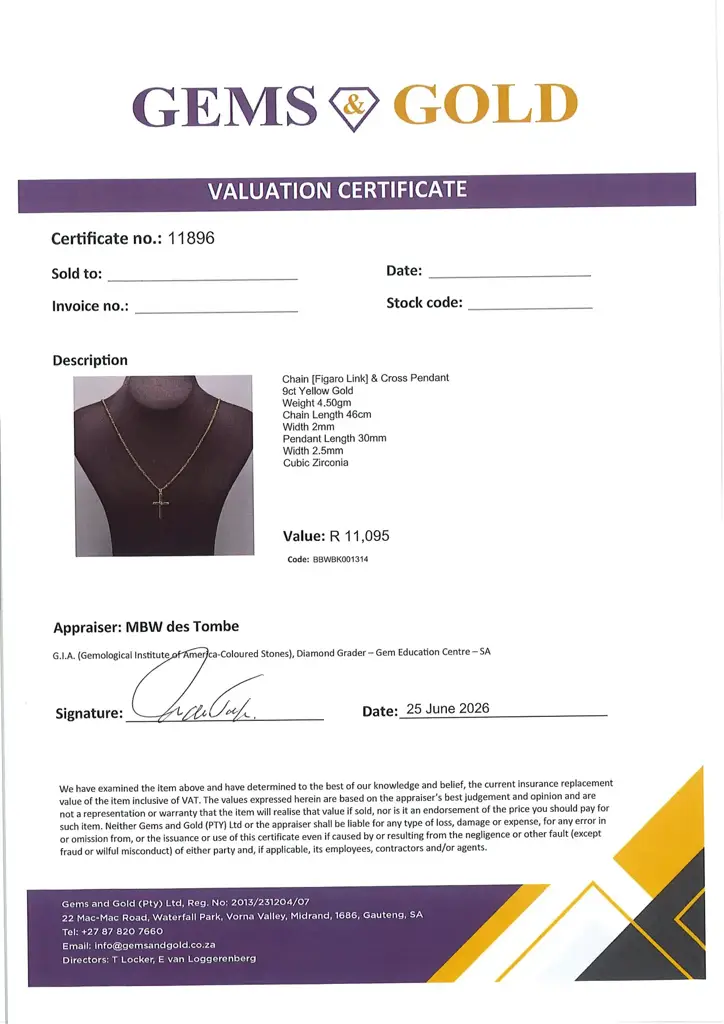 9ct Yellow Gold Chain Figaro Link & Cross Pendant - View 4