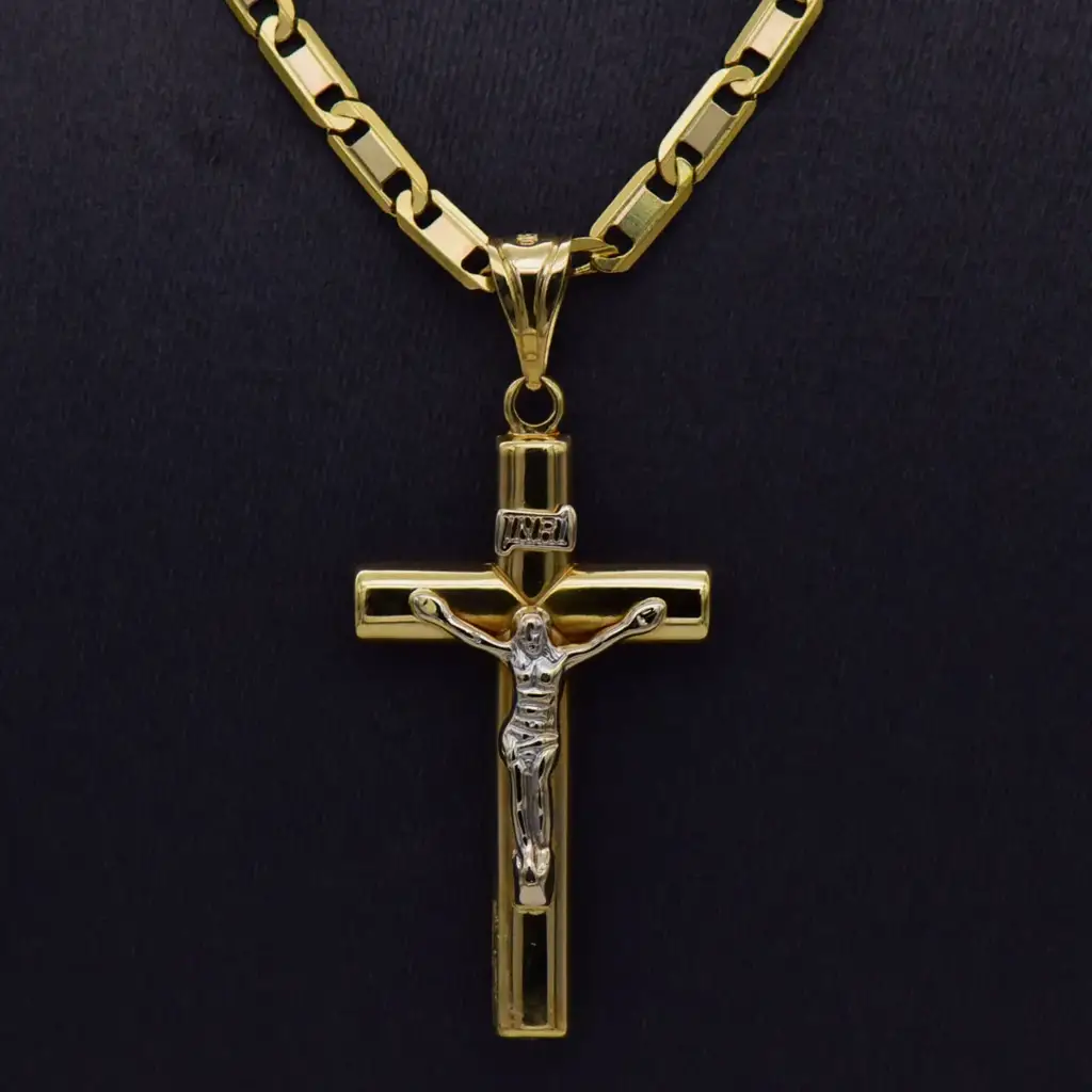 18ct Yellow Gold Chain Bar-Link & Cross Pendant - View 2