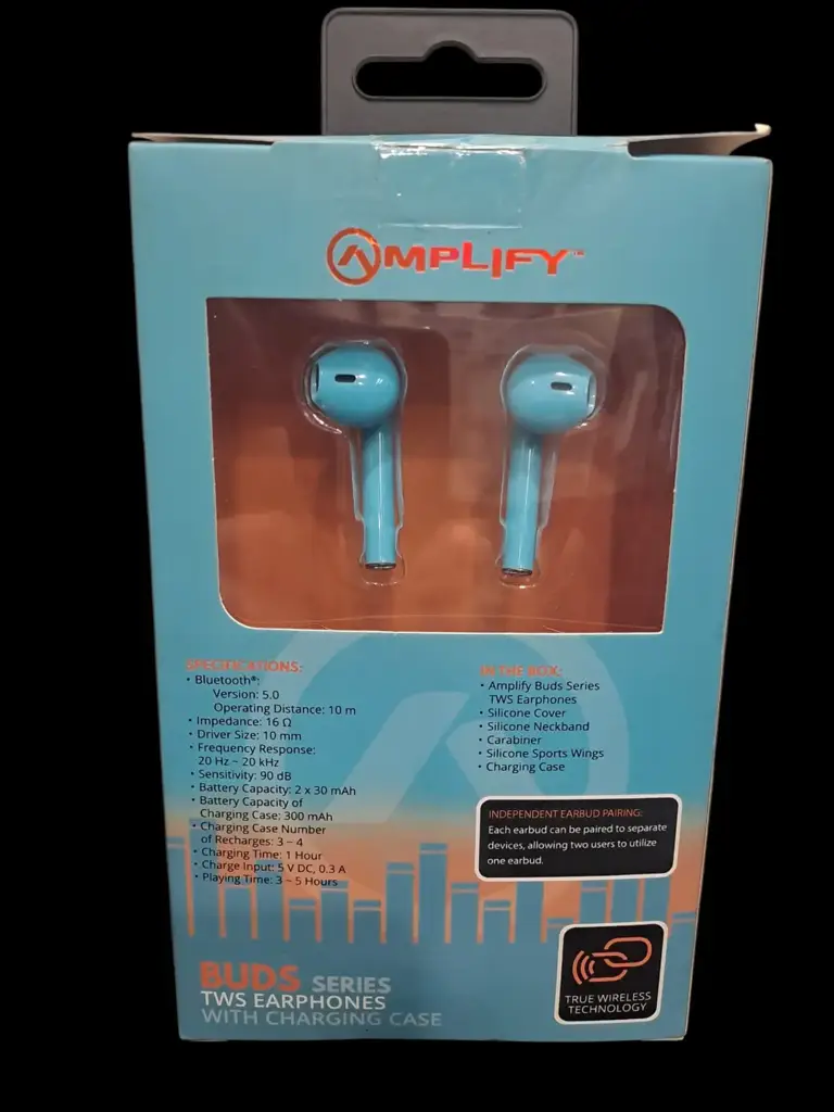 Amplify Buds Series True Wireless Earphones With Silicone Accessories, Blue/Orange - View 2