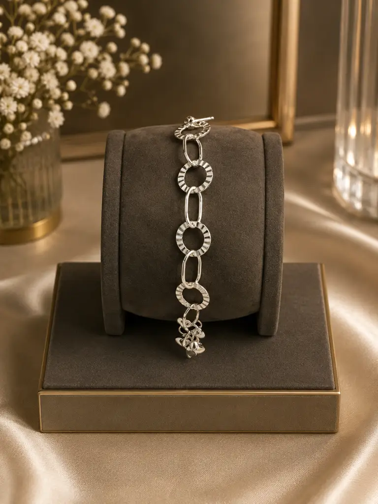 925 Etched Flat Circle & Oval Bracelet + Chain Set – 11Mm