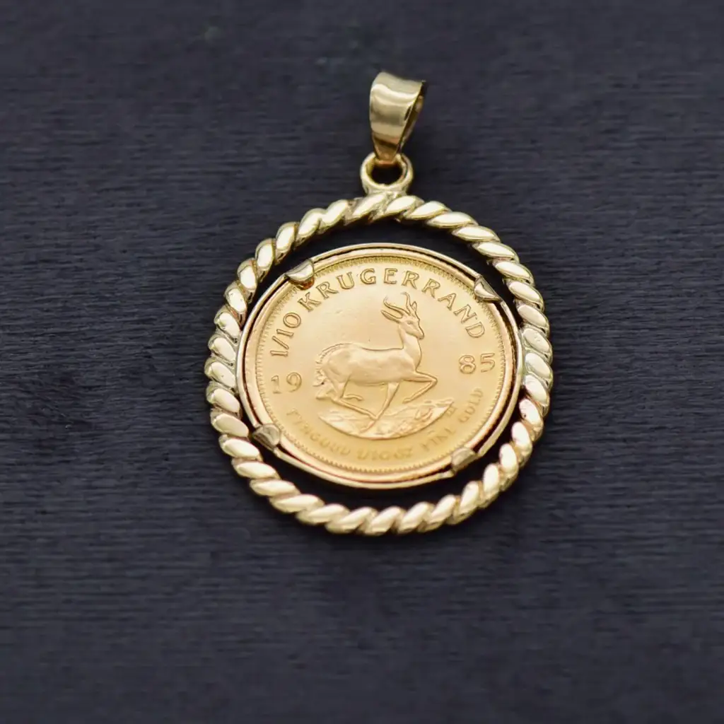 9ct & 22ct Yellow Gold 1/10th Oz Kruger Coin Pendant - View 2