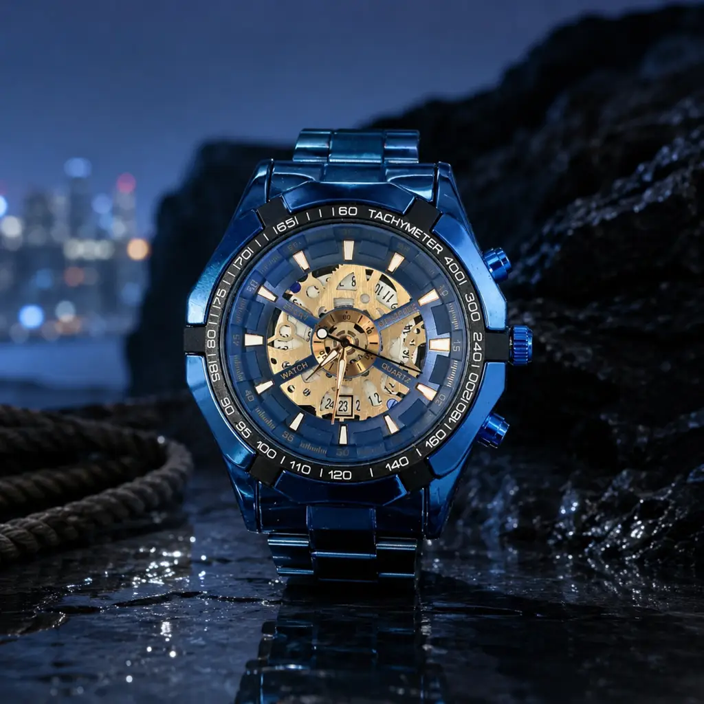 Blue Skeleton Analog Watch