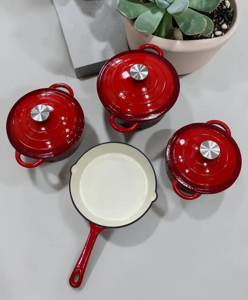 7-Piece Red Enameled Cast Iron Cookware Set.