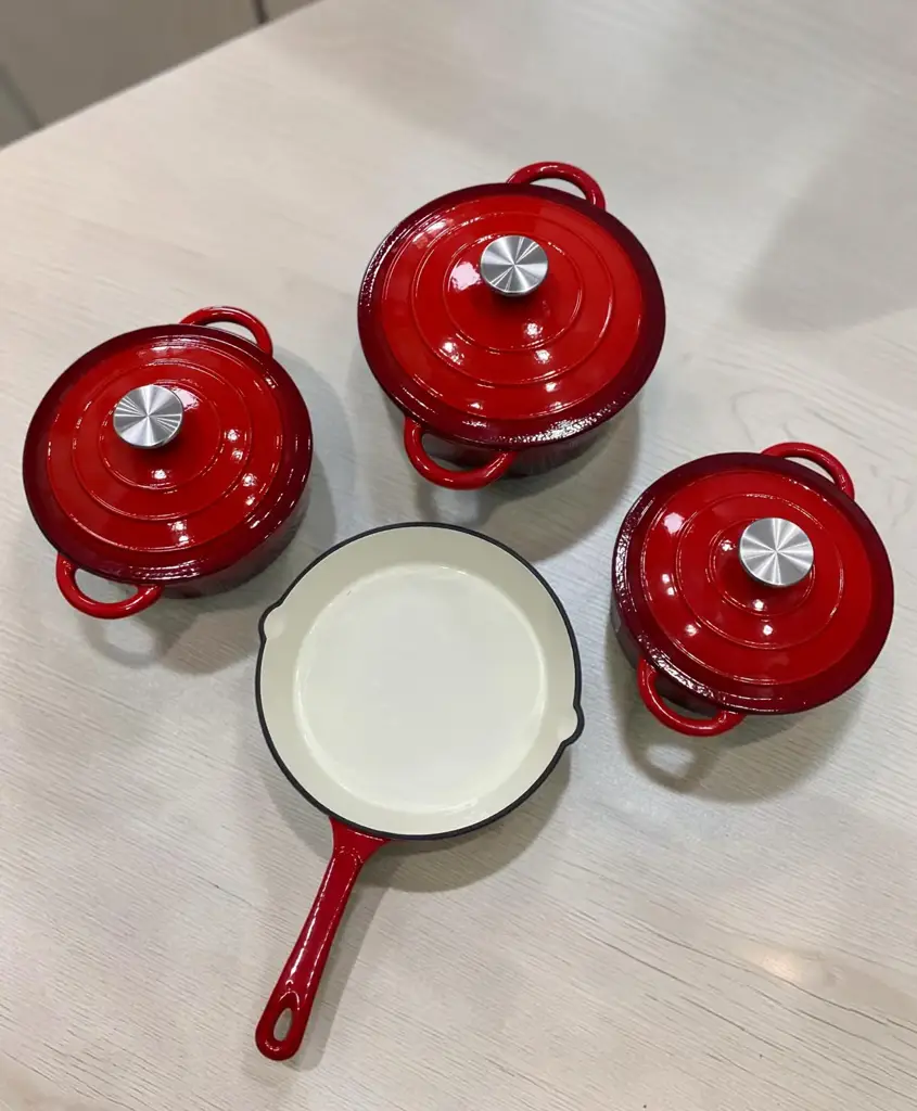 7-Piece Red Enameled Cast Iron Cookware Set.