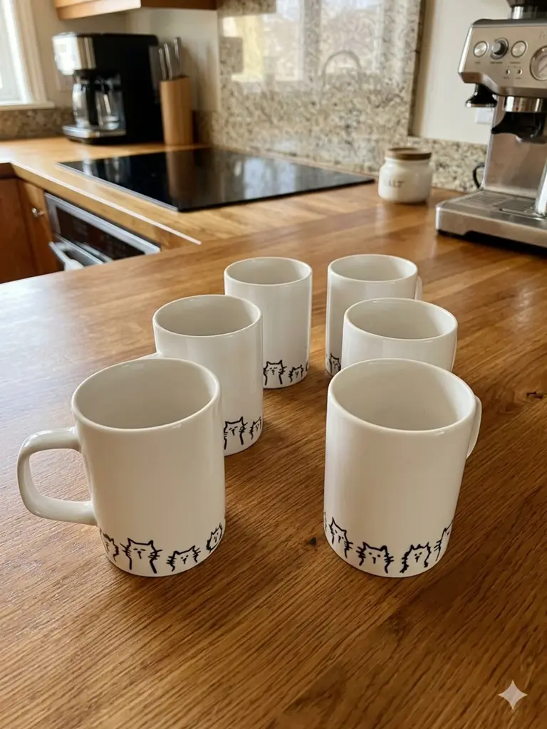Cute Cartoon Cat Border Coffee Mugs - Set Of 6 (Second Hand)