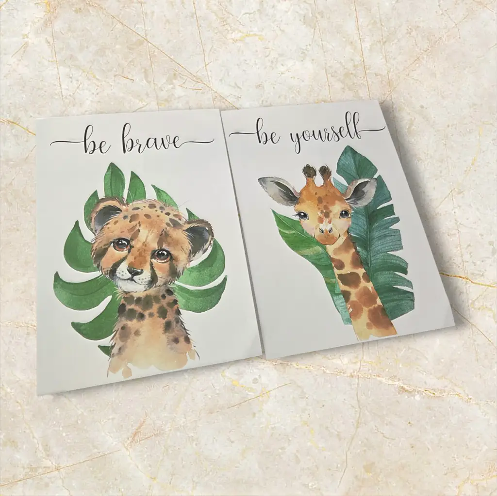 Giraffe & Lion With Leaves & Words - Unframed