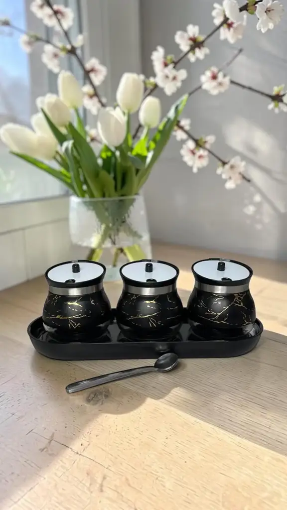 3 Piece Black Marble Condiment Set