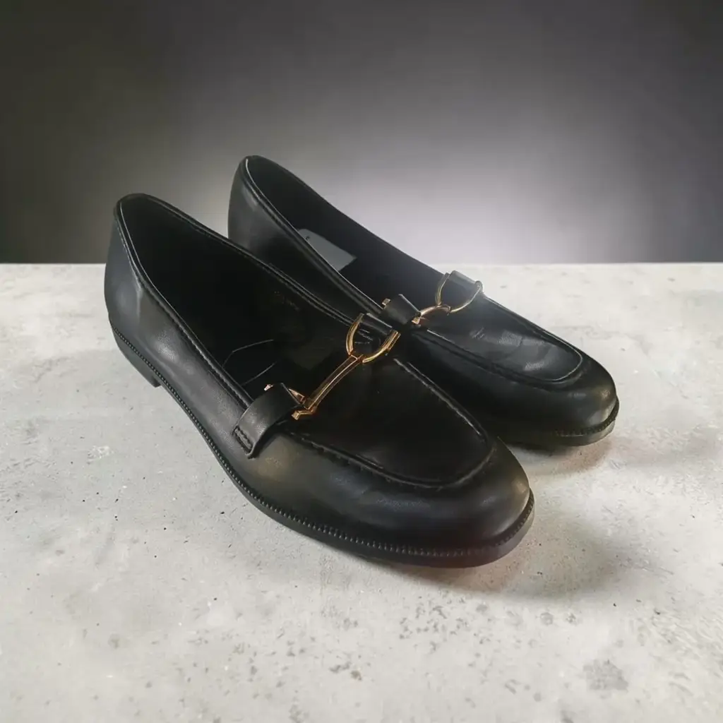 Classic Black Faux-Leather Horsebit Loafers (Size 5)