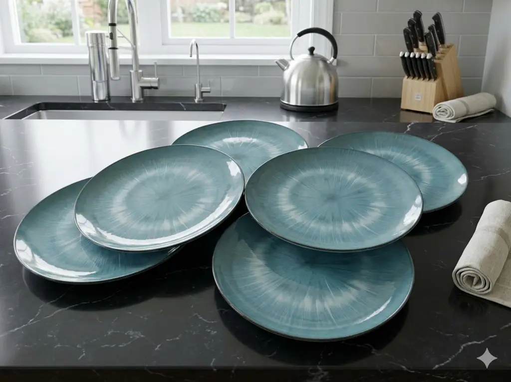 Modern Teal & Blue Ceramic Dinnerware Plates - Set Of 6 (Second Hand)