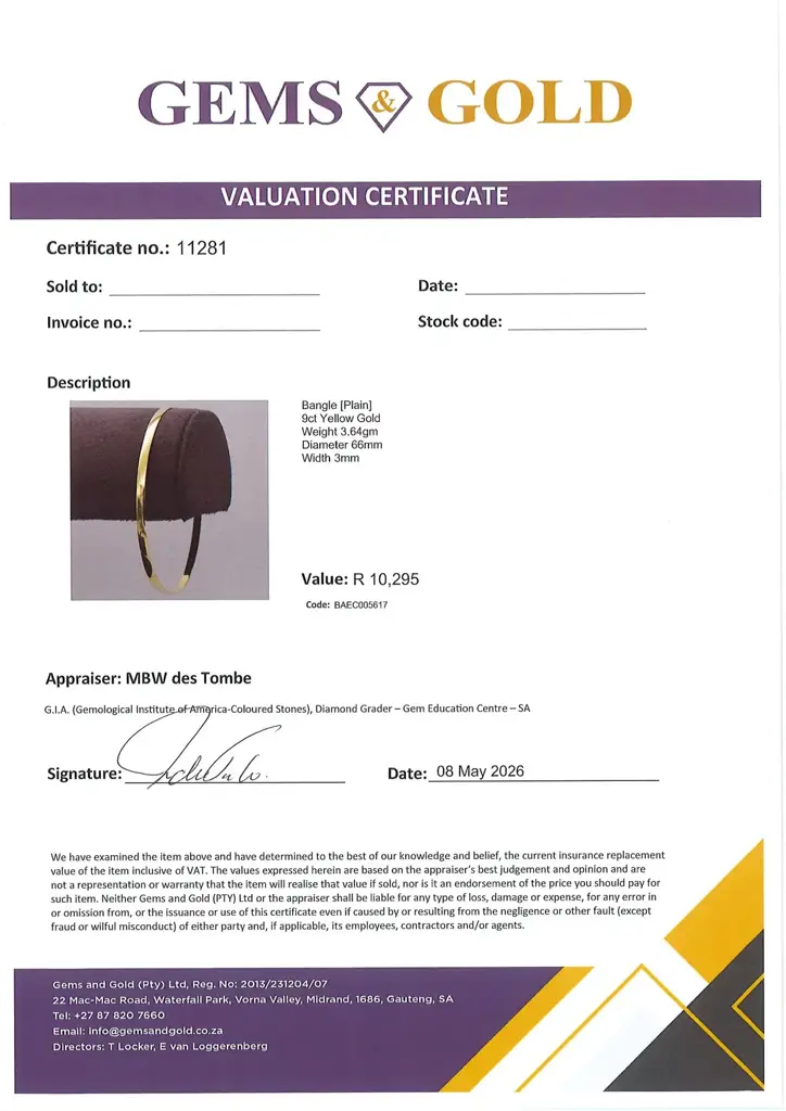 9ct Yellow Gold Bangle Plain - View 2