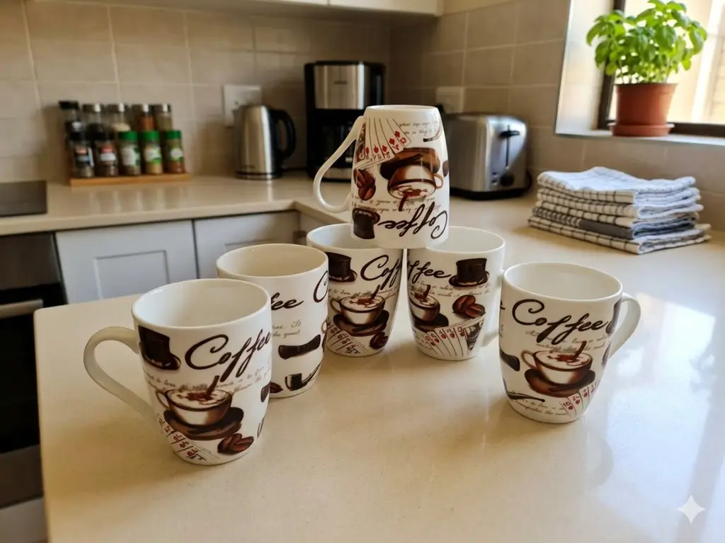 Retro Cafe & Playing Card Coffee Mugs - Set Of 6 (Second Hand)