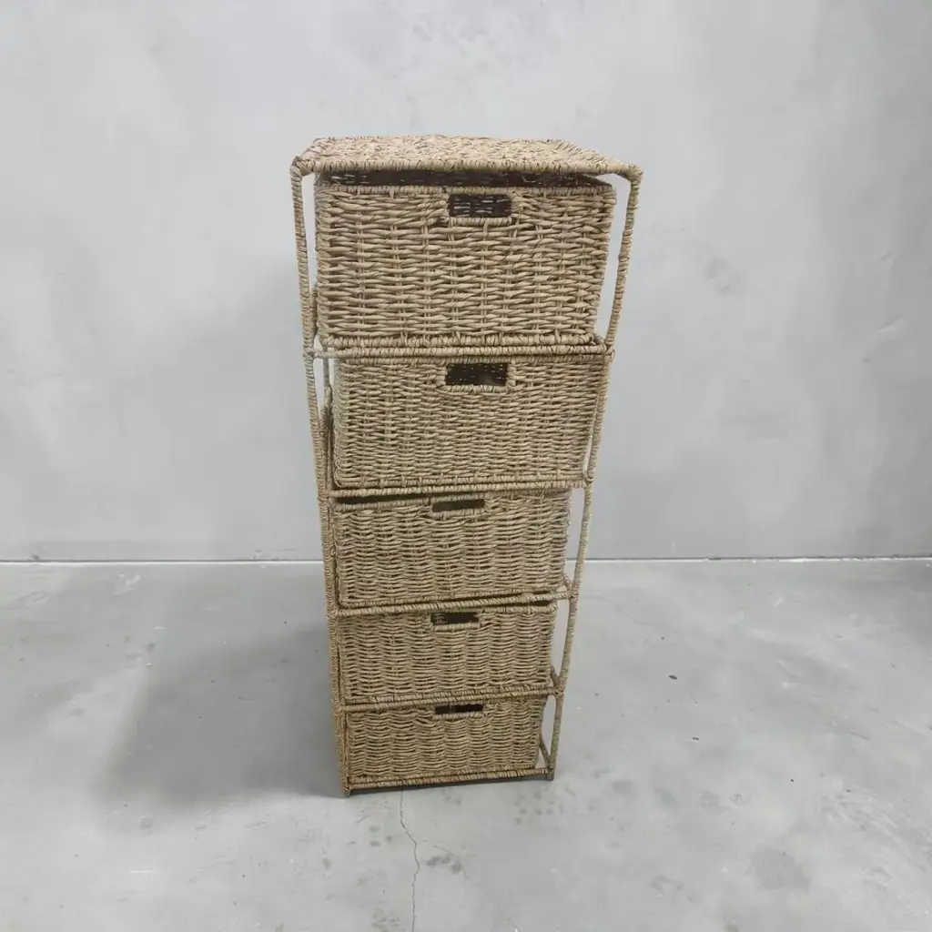 5-Drawer Natural Woven Wicker Storage Tower