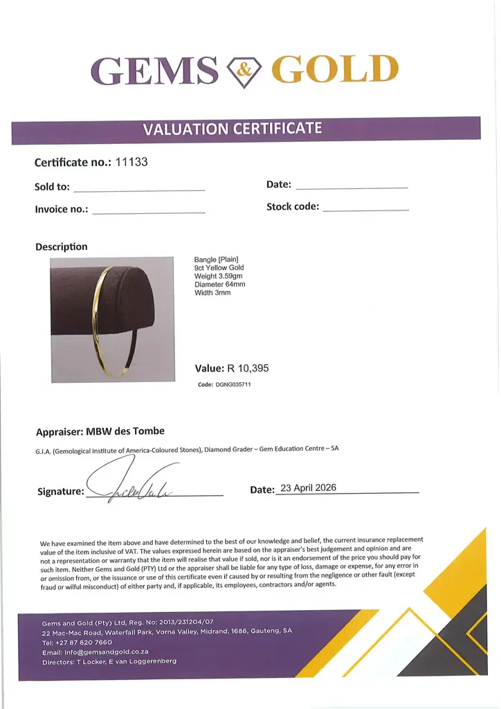 9ct Yellow Gold Bangle Plain - View 2
