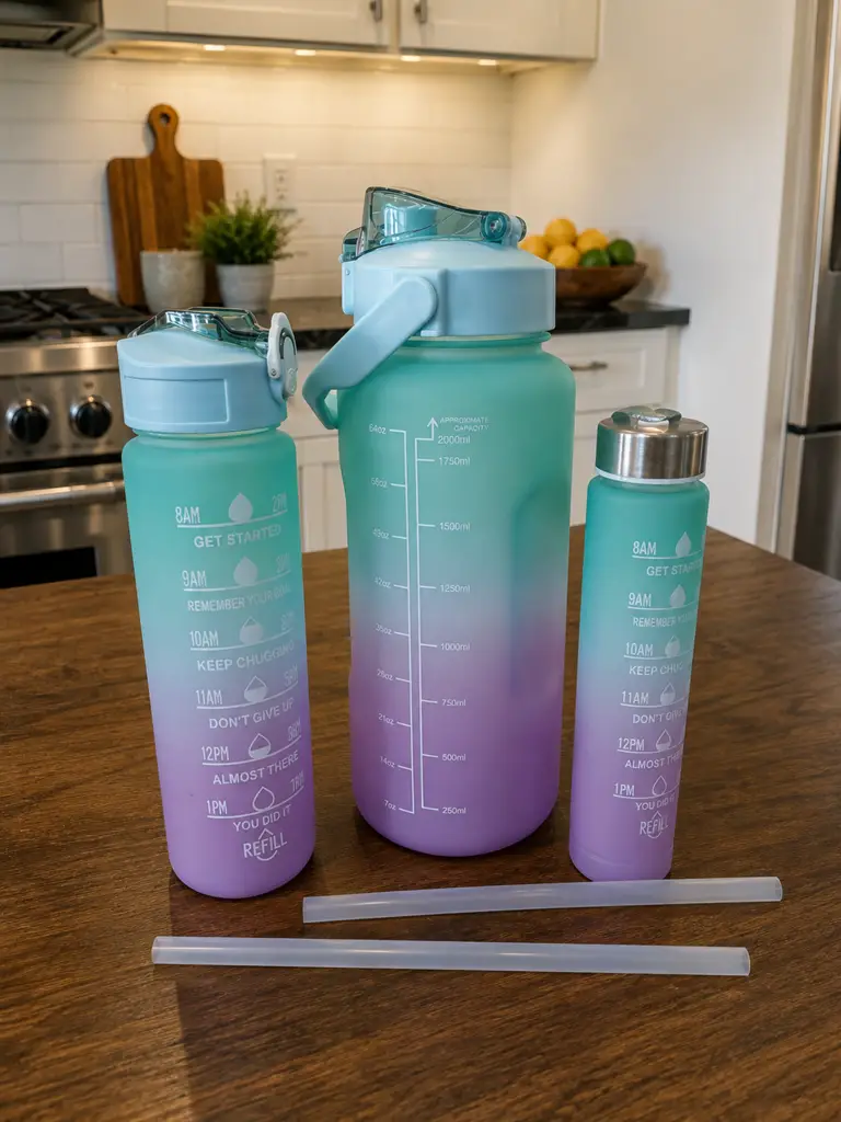 3-Piece Motivational Water Bottle Set With Straws