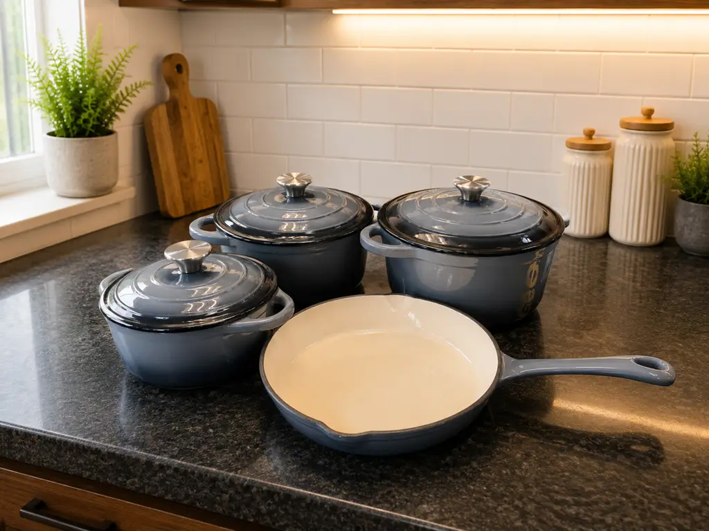 Leopard 7-Piece Enameled Cast Iron Cookware Set (Grey/Blue) – Used Condition