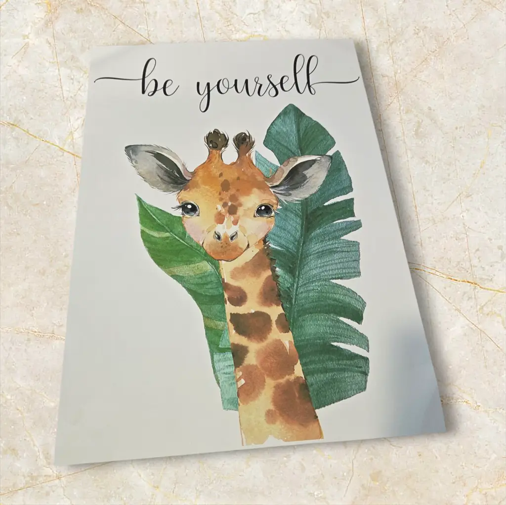 Giraffe & Lion With Leaves & Words - Unframed - View 3