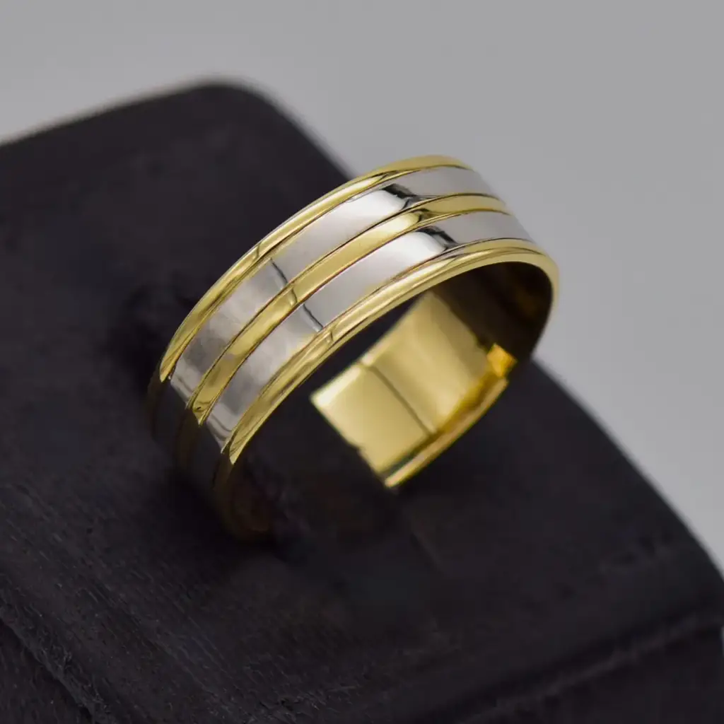 9ct Two Tone Wedding Band Patterned - View 2