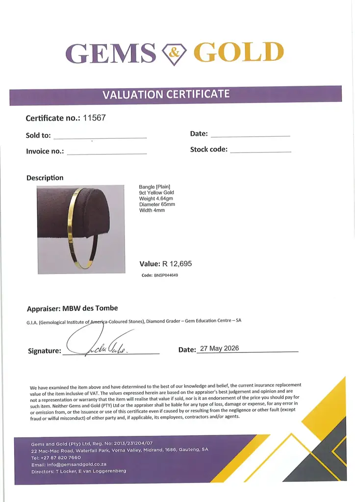9ct Yellow Gold Bangle Plain - View 2