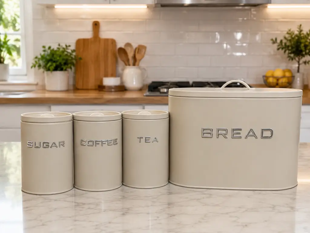 4Pc Bread Bin & Canister Set – Charcoal Grey – Tea, Sugar, Coffee & Bread