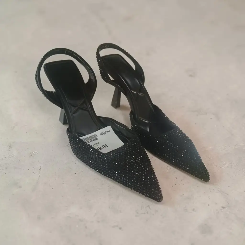 Glamorous Black Rhinestone Pointed-Toe Slingback Pumps (Size 5)