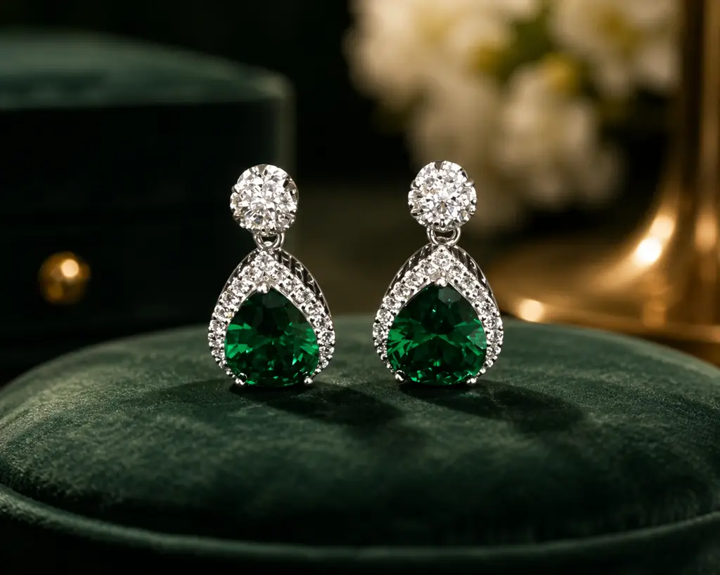 Silver Emerald Teardrop Earrings