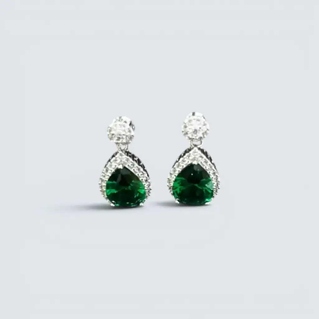Silver Emerald Teardrop Earrings - View 2