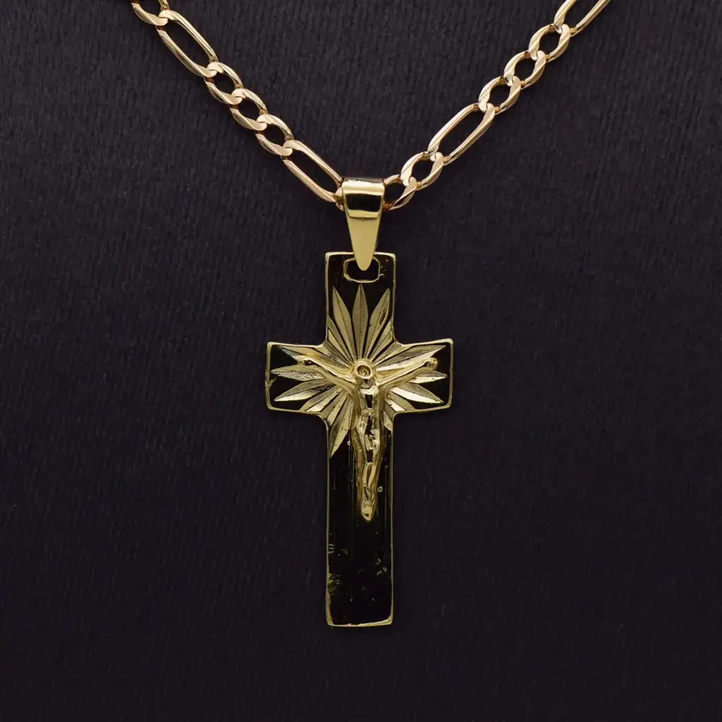 9ct Yellow Gold Chain Figaro-Link & Cross Pendant - View 2