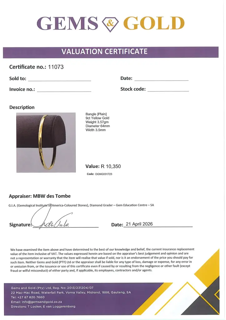 9ct Yellow Gold Bangle Plain - View 2