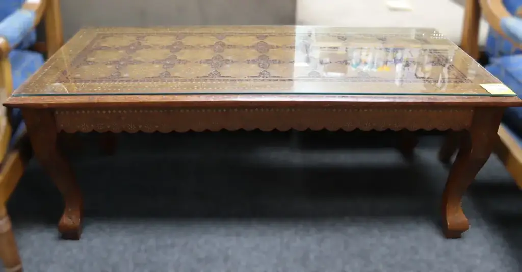 Vintage Indian Hand-Carved Brass Inlay Coffee Table