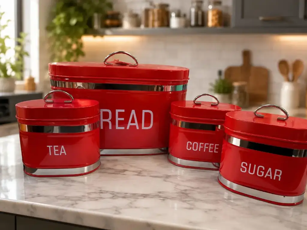 4-Piece Bread Bin & Kitchen Canister Set – Red
