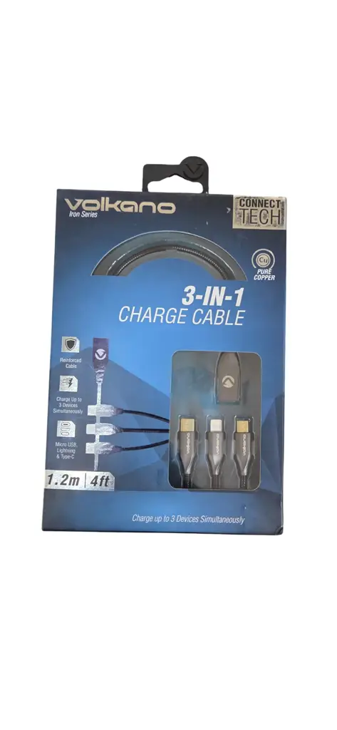 Volkano 4Ft Multi-Charging Cable, 3-In-1 Usb-A To Usb-C/Micro Usb/Lightning Usb, 2.4A Fast Charge - View 2