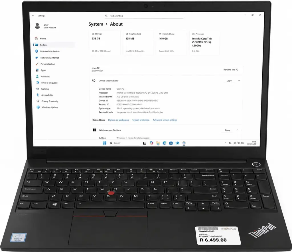 Lenovo Thinkpad E15 Speed: 1.60Ghz (Ram): 16Gb Ddr4 - View 2