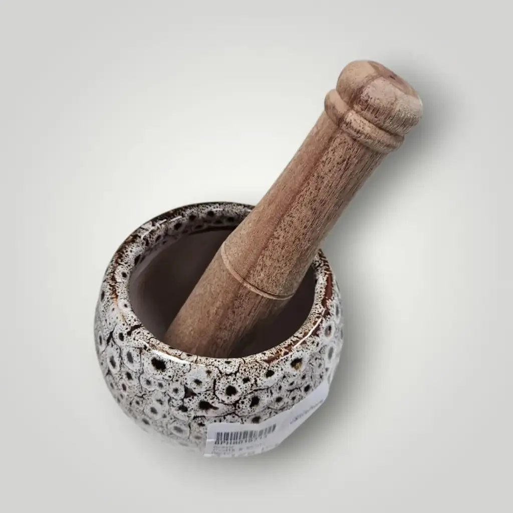 Ceramic Spotted Pestle & Mortar Set With Natural Wooden Handle - View 2