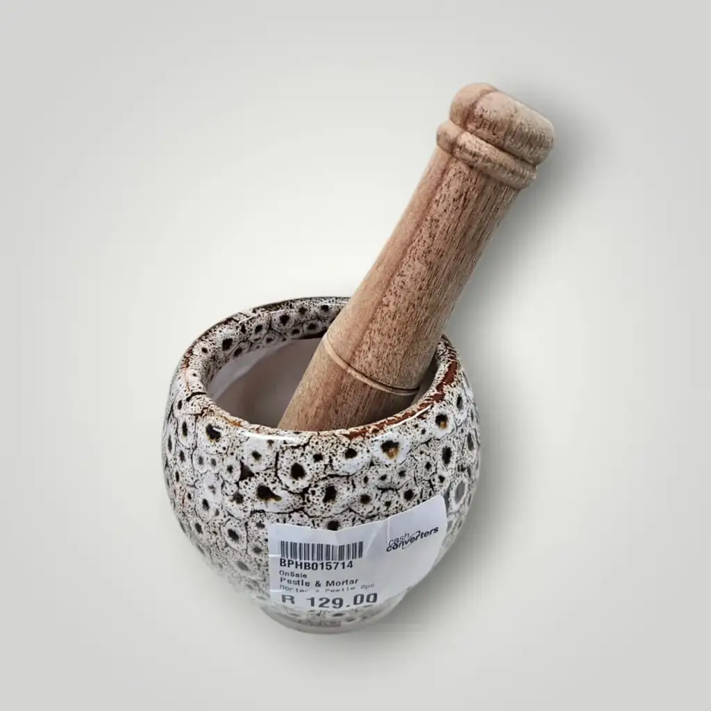 Ceramic Spotted Pestle & Mortar Set With Natural Wooden Handle